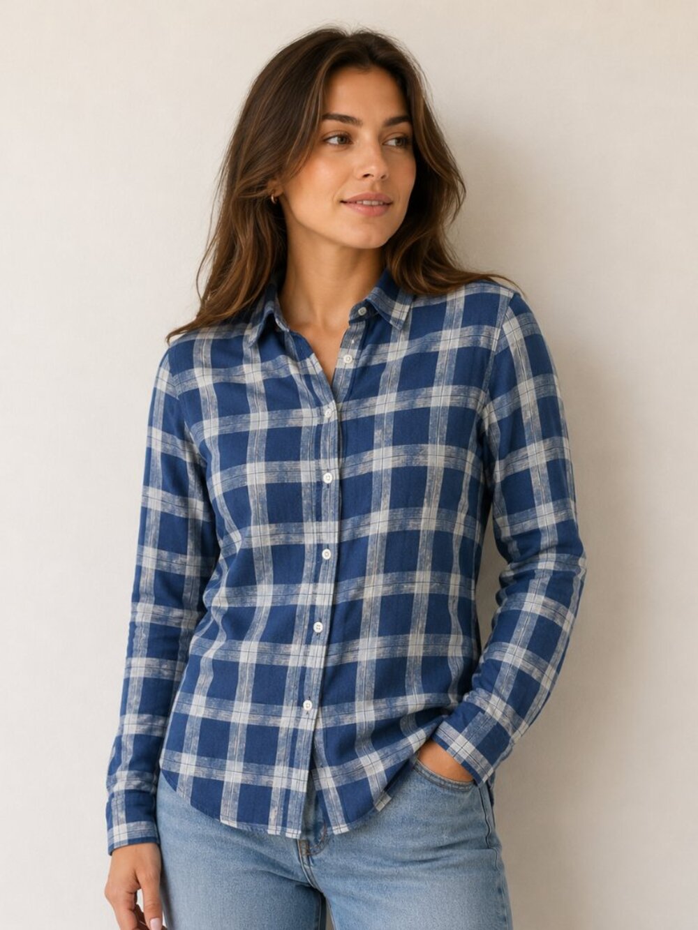 J. Crew Womens Plaid Shirt 10 Blue Boy Long Sleeve Buttons Cotton Casual Denim